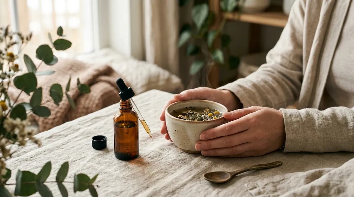 Klidná wellness scéna se šálkem čaje a lahvičkou CBD oleje v měkkém ranním světle