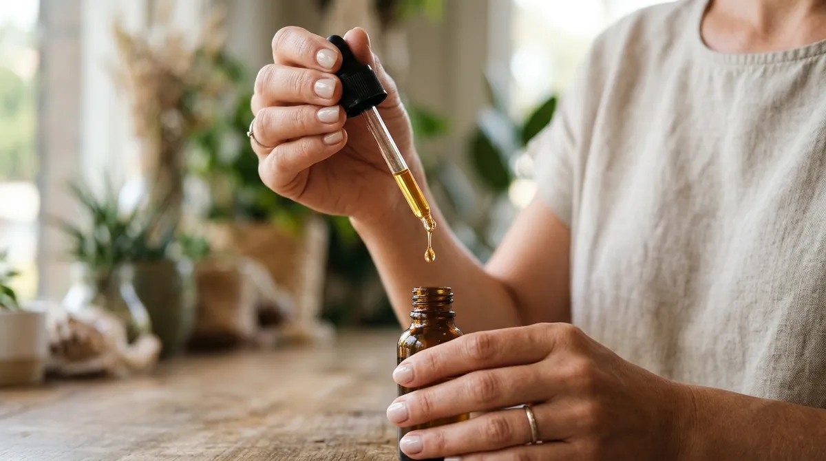 Ruka kape CBD olej z kapátka pod jazyk, neutrální klidné pozadí