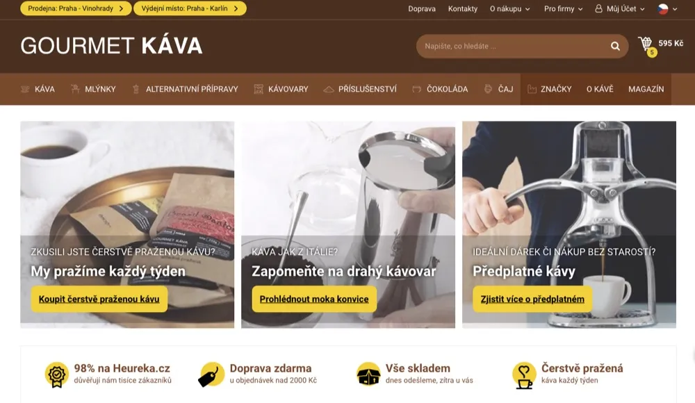 Domovská stránka e-shopu Gourmet káva s nabídkou kávy a příslušenství