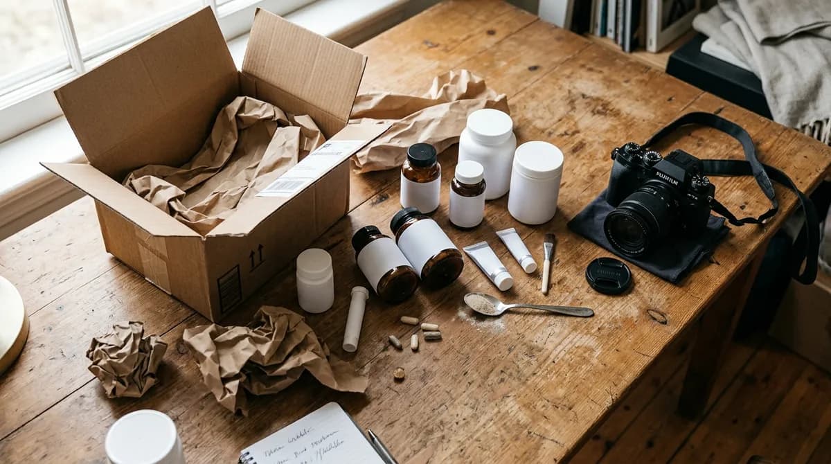 Rozbalené produkty doplňků stravy rozložené na stole vedle fotoaparátu připravené k focení