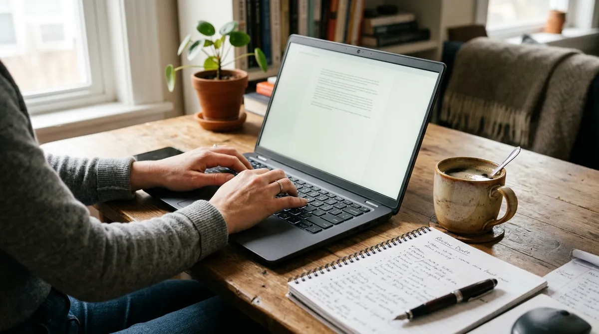 Notebook na stole, otevřený dokument s rozepsanou recenzí a poznámkami vedle hrnku