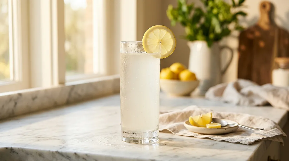 Sklenice rozmíchaného kolagenového nápoje s plátkem citronu, ranní světlo