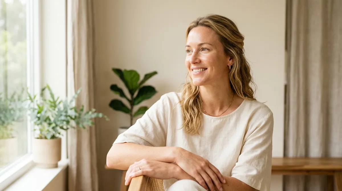 Zdravá pleť ženy ve středním věku v měkkém přirozeném světle, wellness atmosféra