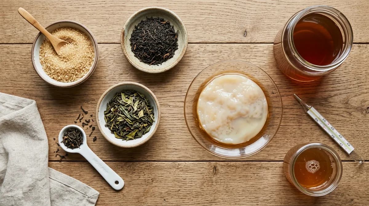 Sypaný čaj, cukr, sklenice čaje a kousek scoby připravené na výrobu kombuchy