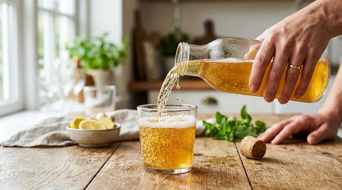Nalévání perlivé zlaté kombuchy do sklenice