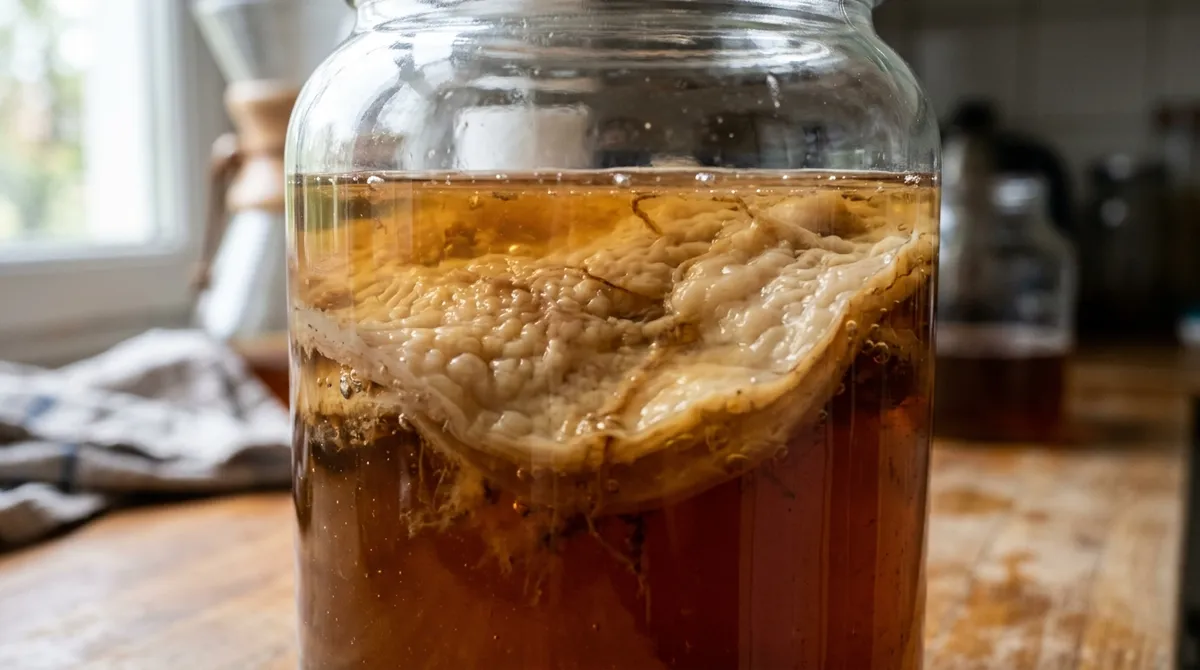 Čajová houba scoby plovoucí v amber čaji ve skleněné nádobě