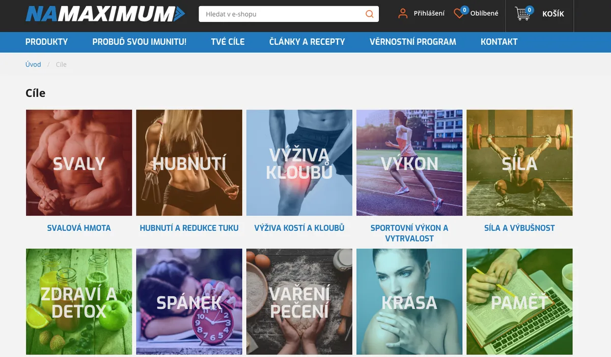 Úvodní stránka e-shopu NaMaximum s výběrem produktů a kategorií