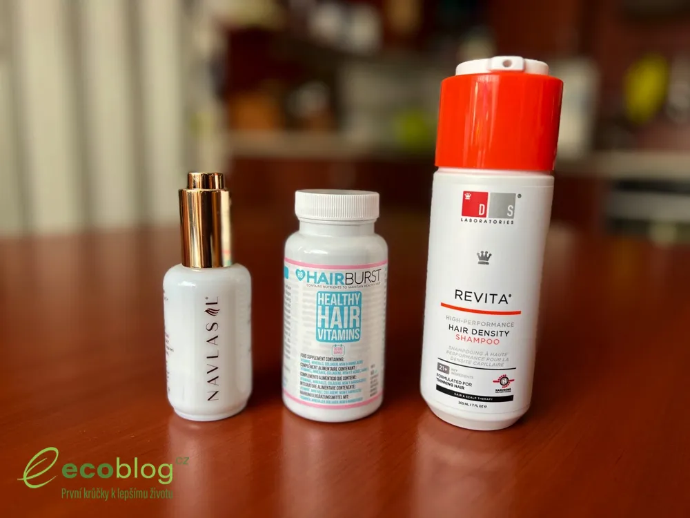 Testované přípravky proti vypadávání vlasů: Navlasil sérum, Hairburst vitaminy a šampon DS Laboratories Revita