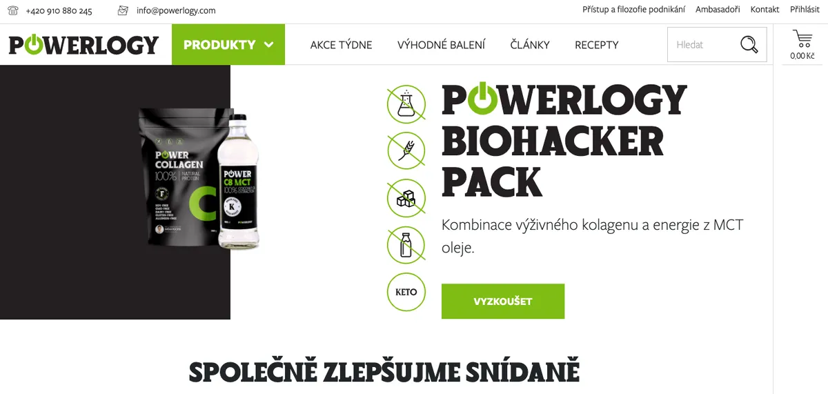 Produkty Powerlogy z prvního nákupu rozložené na stole