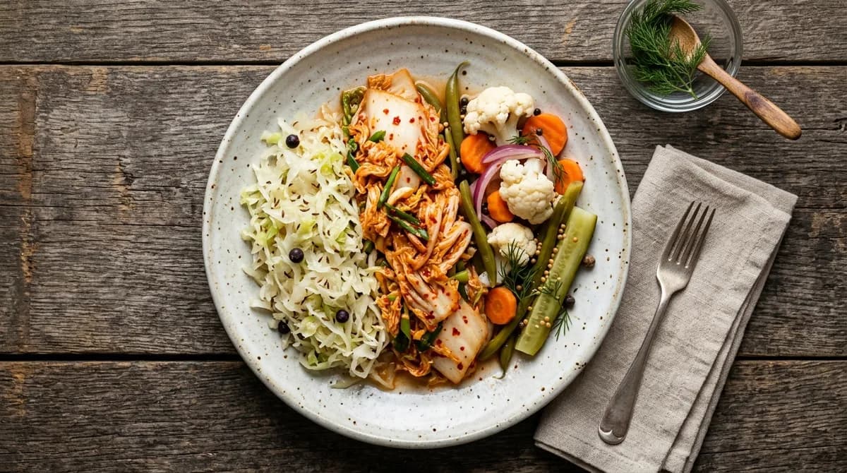 Talíř kysaného zelí, kimchi a kvašené zeleniny