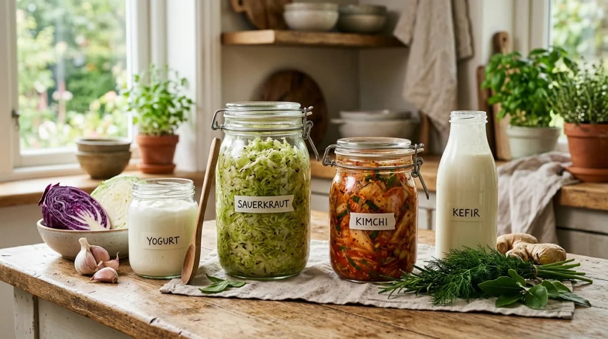 Mísa fermentovaných potravin, jogurtu a kvašené zeleniny jako přírodní zdroj probiotik