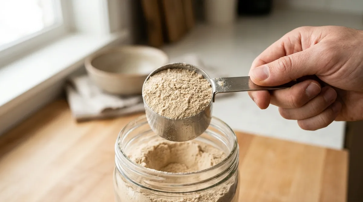 Odměrka s béžovým proteinovým práškem nad otevřenou dózou
