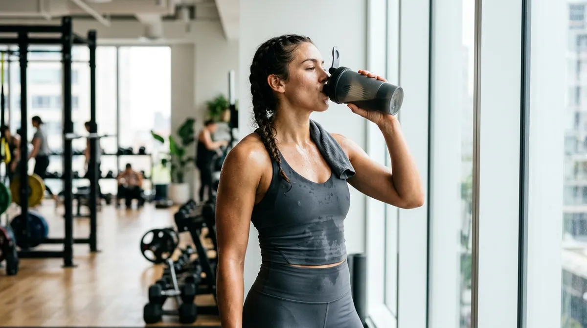 Člověk pije proteinový shake po tréninku v posilovně
