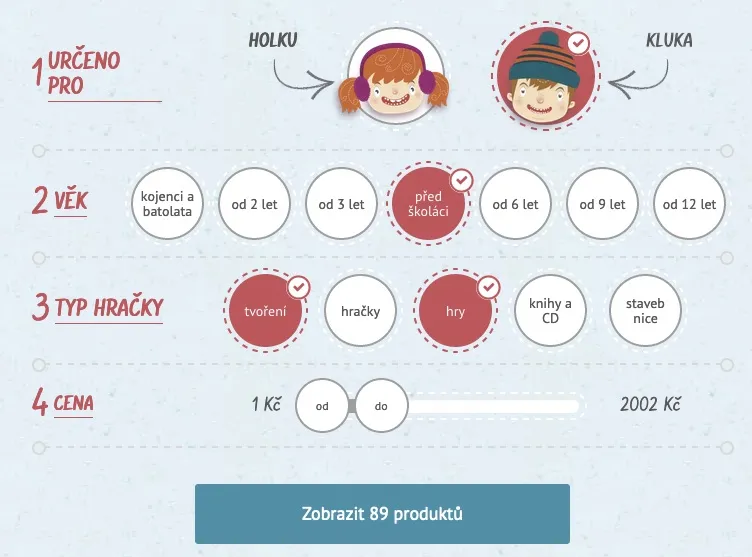 Filtr na výběr hraček podle pohlaví, věku, typu a ceny na Agátině světě