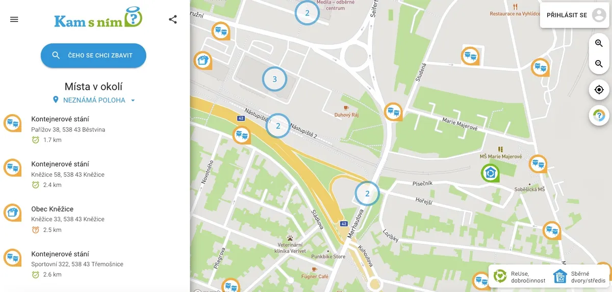 Webové rozhraní služby Kam s ním s vyhledávacím polem na druh odpadu