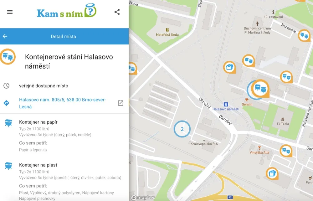 Aplikace Kam s ním nabízí výběr druhu odpadu k odevzdání
