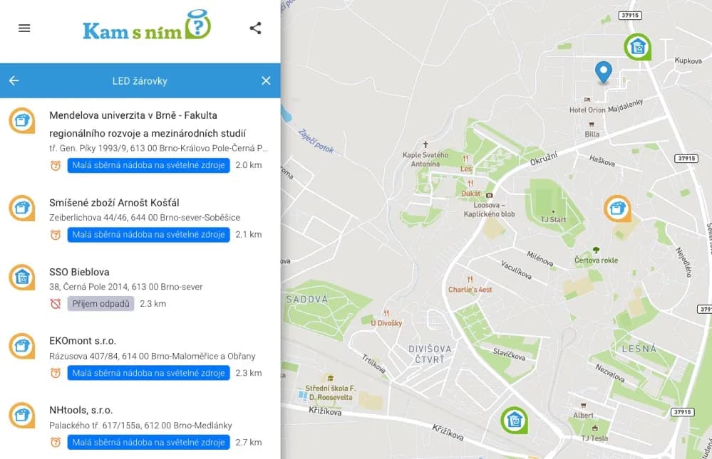 Mapa míst v aplikaci Kam s ním pro odevzdání nábytku, textilu a dalších věcí