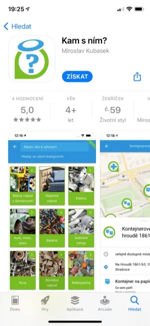 Mobilní aplikace Kam s ním na telefonu s mapou nejbližších sběrných míst