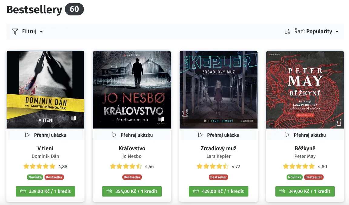 Hlavní stránka Audiolibrix s nabídkou audioknih a slevou na první nákup