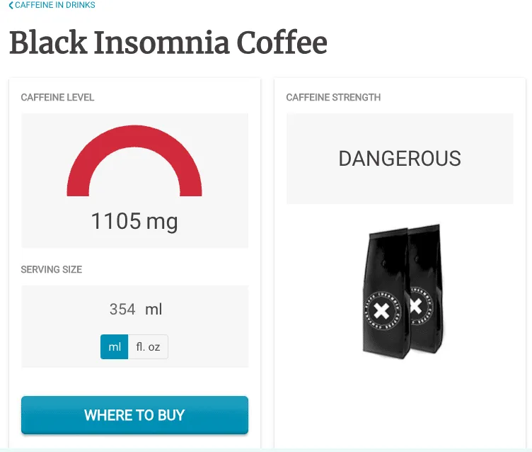 Šálek hotové kávy Black Insomnia Coffee připravený k pití