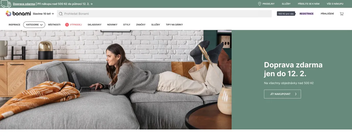 Domovská stránka e-shopu Bonami s nabídkou bytových doplňků