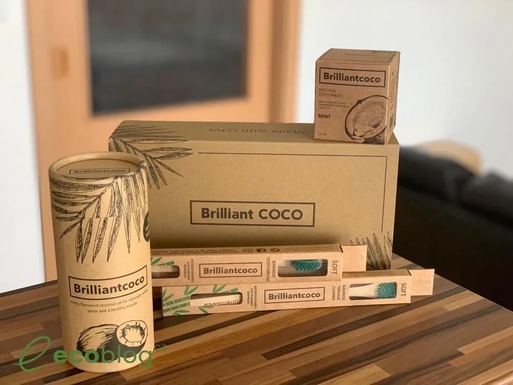 Brilliantcoco set na zdravé zuby: oil pulling sáčky, naturální zubní pasta, bambusový kartáček a čistič jazyka