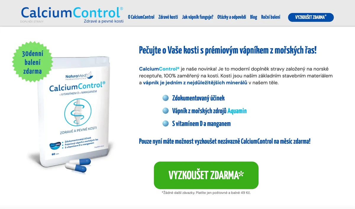 Balení doplňku stravy CalciumControl na podporu zdraví kostí