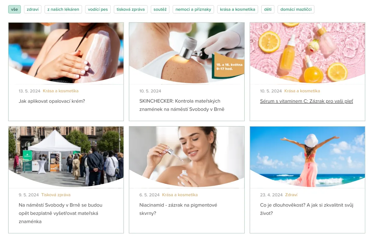 Detail e-shopu Chytrá lékárna s kategoriemi a filtrováním produktů