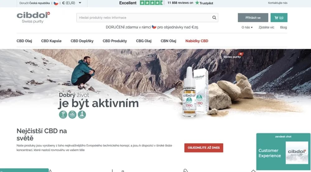Lahvička 10% CBD oleje Cibdol vybalená z papírové krabičky