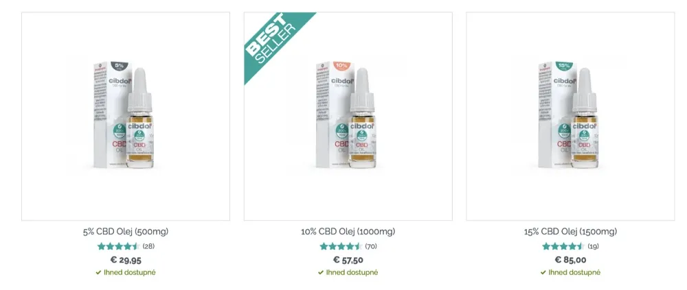 Nabídka CBD olejů Cibdol v různých koncentracích na e-shopu