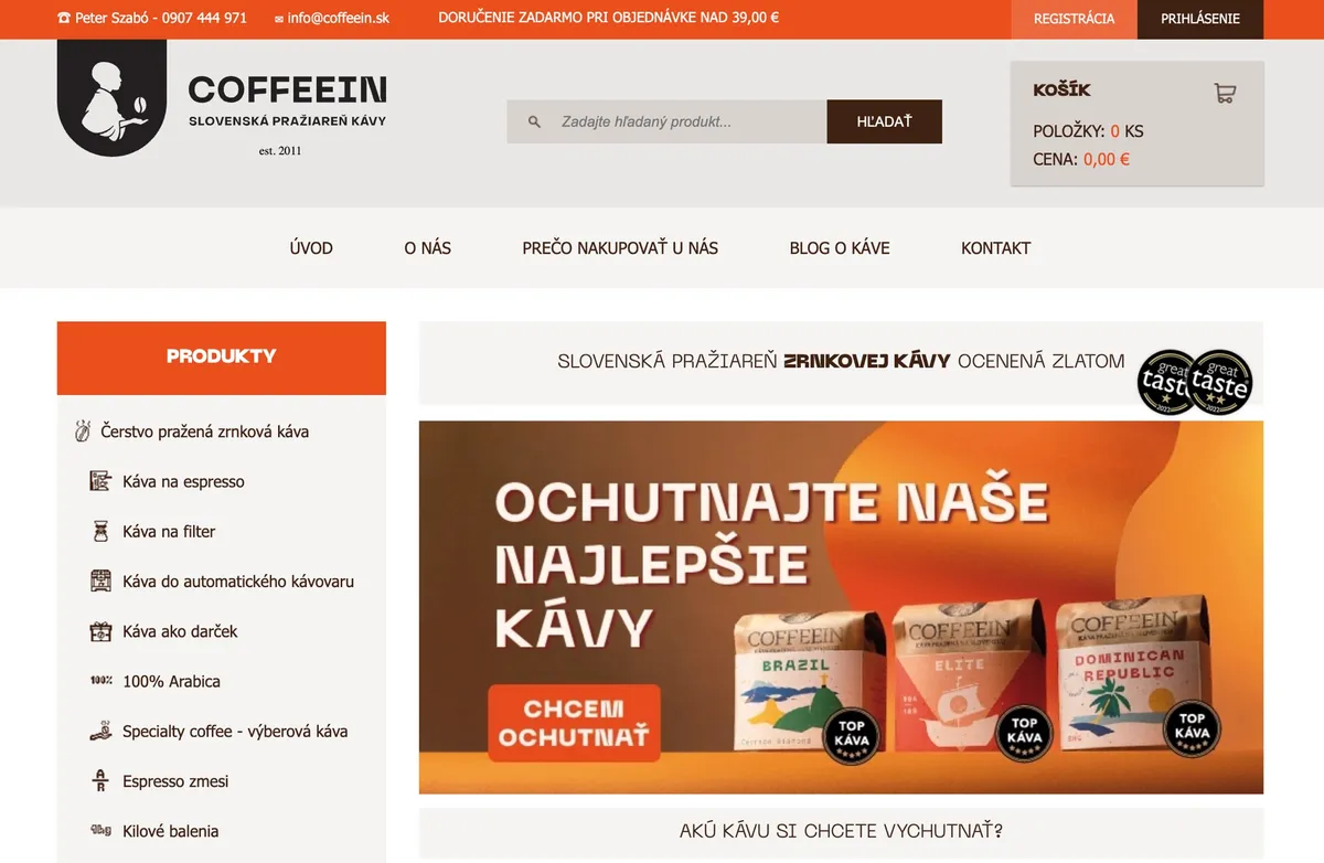 Pět druhů výběrové zrnkové kávy Coffeein připravených k testu