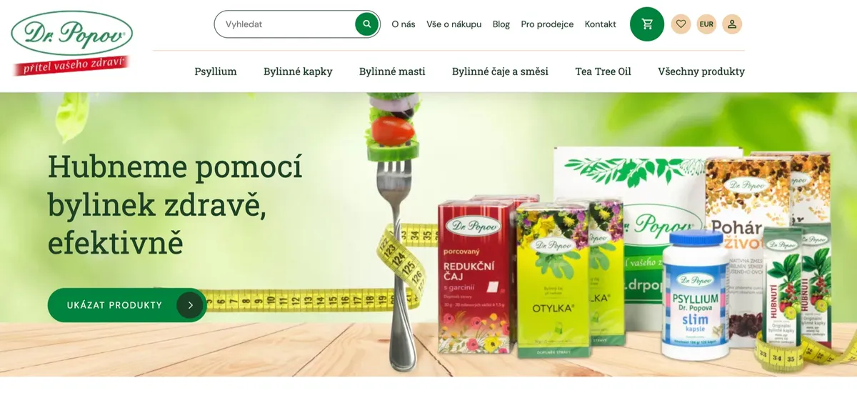 Úvodní stránka e-shopu Dr. Popov s bylinnými produkty a sloganem o hubnutí pomocí bylinek