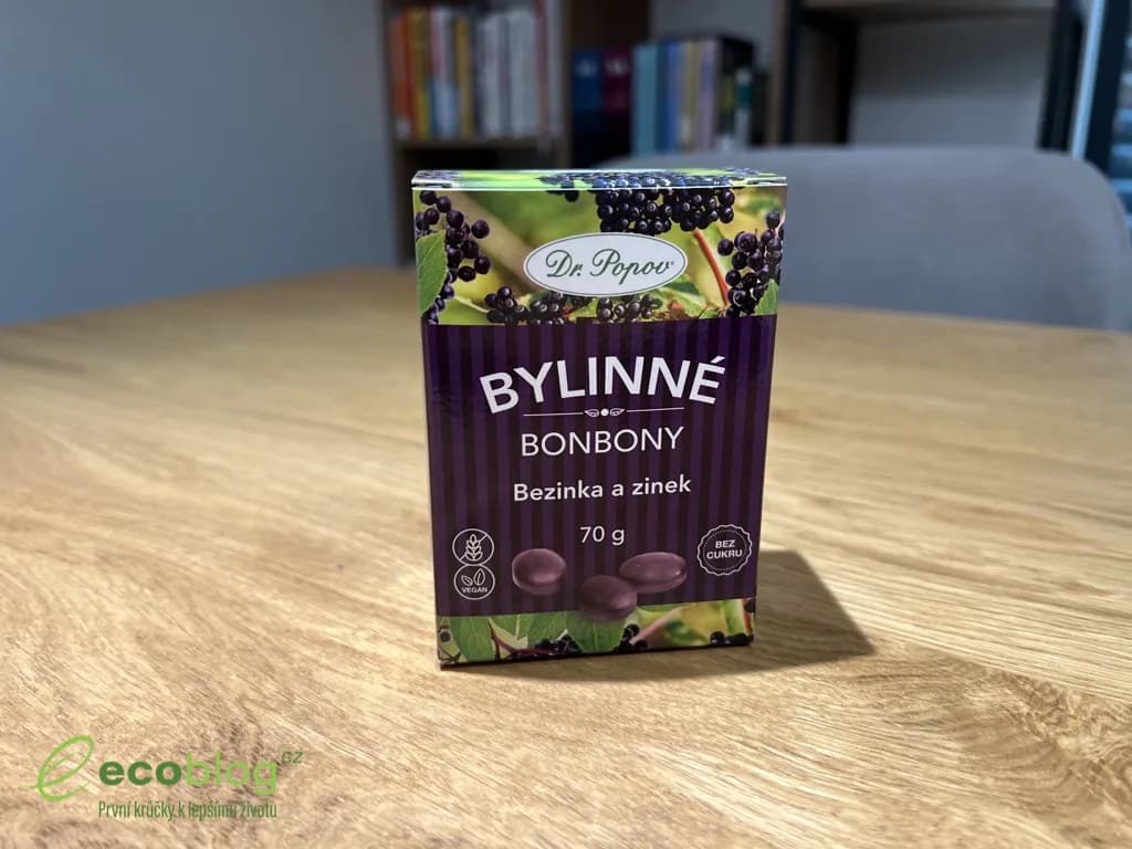 Krabička bylinných bonbonů Dr. Popov bezinka a zinek 70 g se značkami vegan a bez cukru