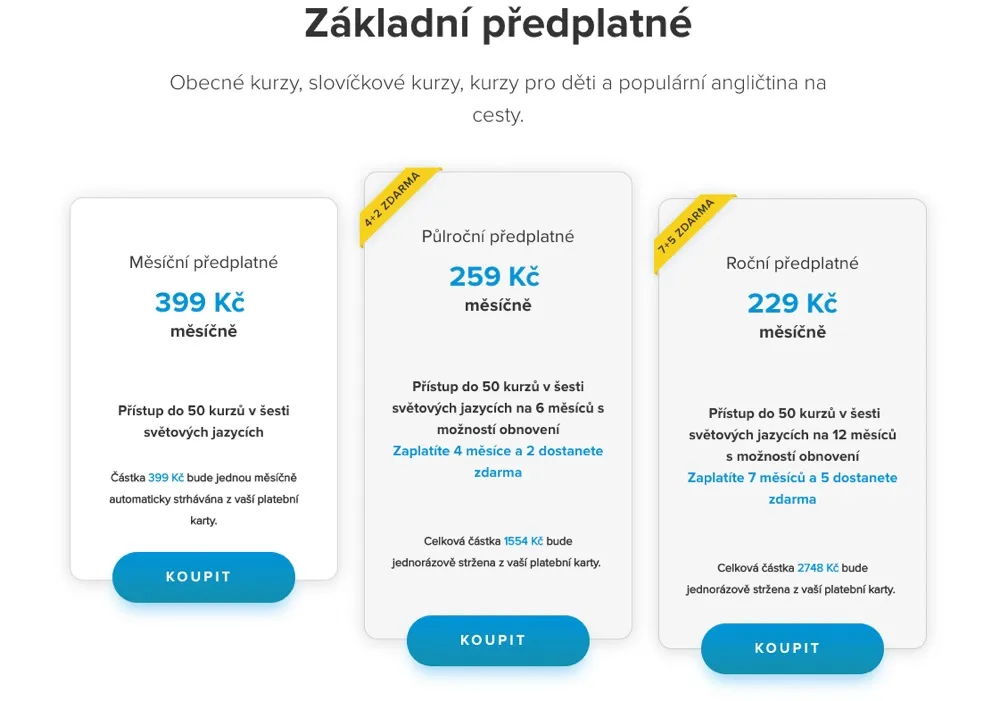 Přehled cen a předplatného EasyLingo na obrazovce