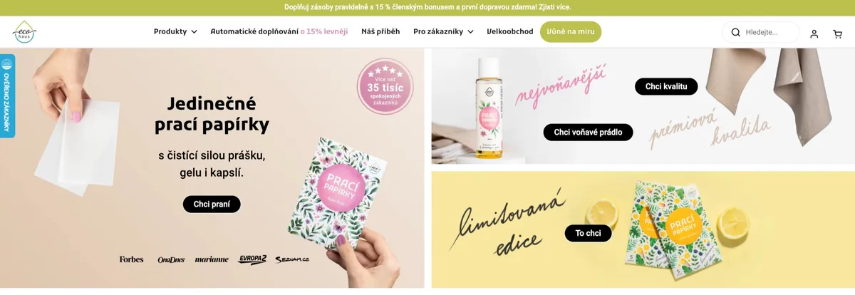 E-shop EcoHaus s nabídkou pracích papírků v různých vůních