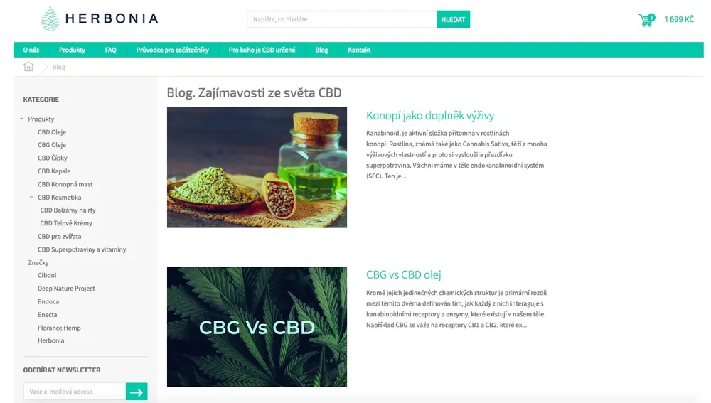 Hlavní strana e-shopu Herbonia s nabídkou konopných produktů