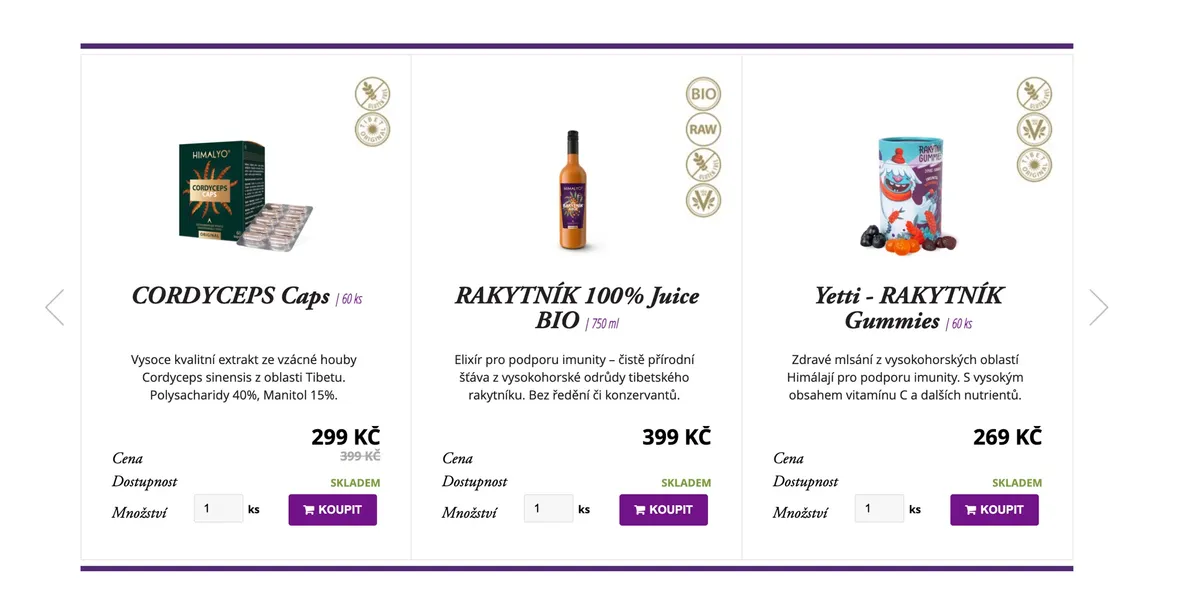 Sortiment značky Himalyo s produkty z goji a rakytníku