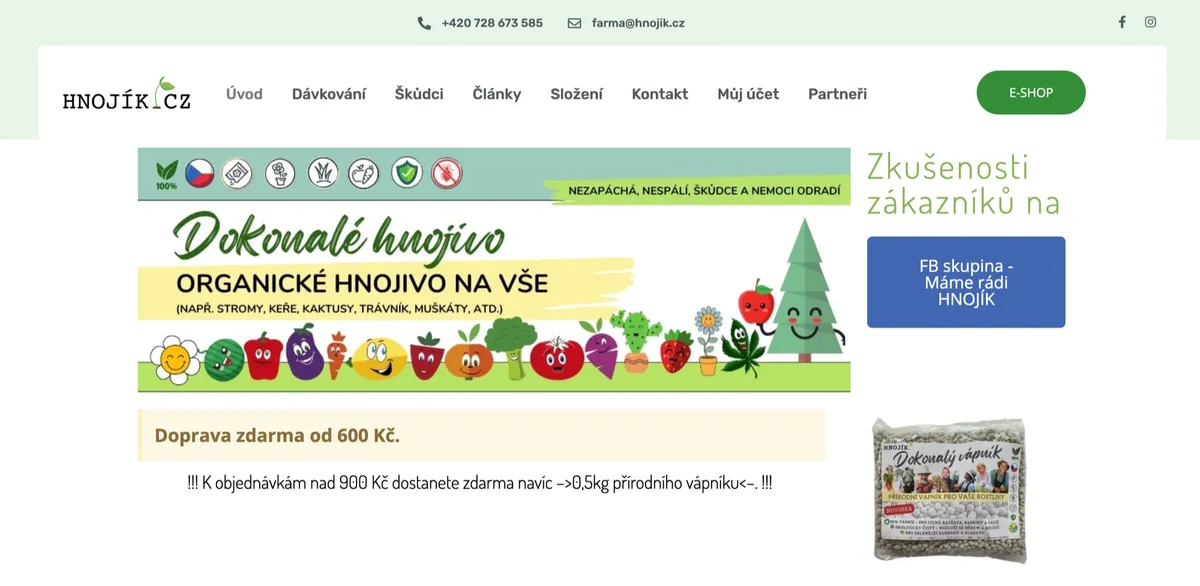 Úvodní stránka e-shopu Hnojík.cz s organickým hnojivem na vše