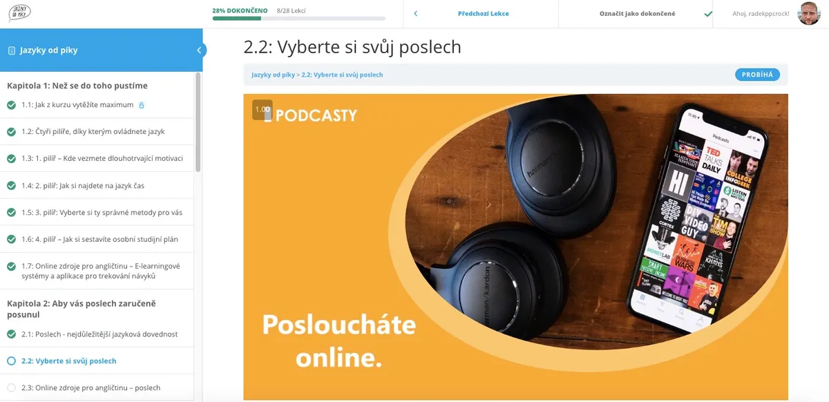 Struktura lekcí v online kurzu Jazyky od píky