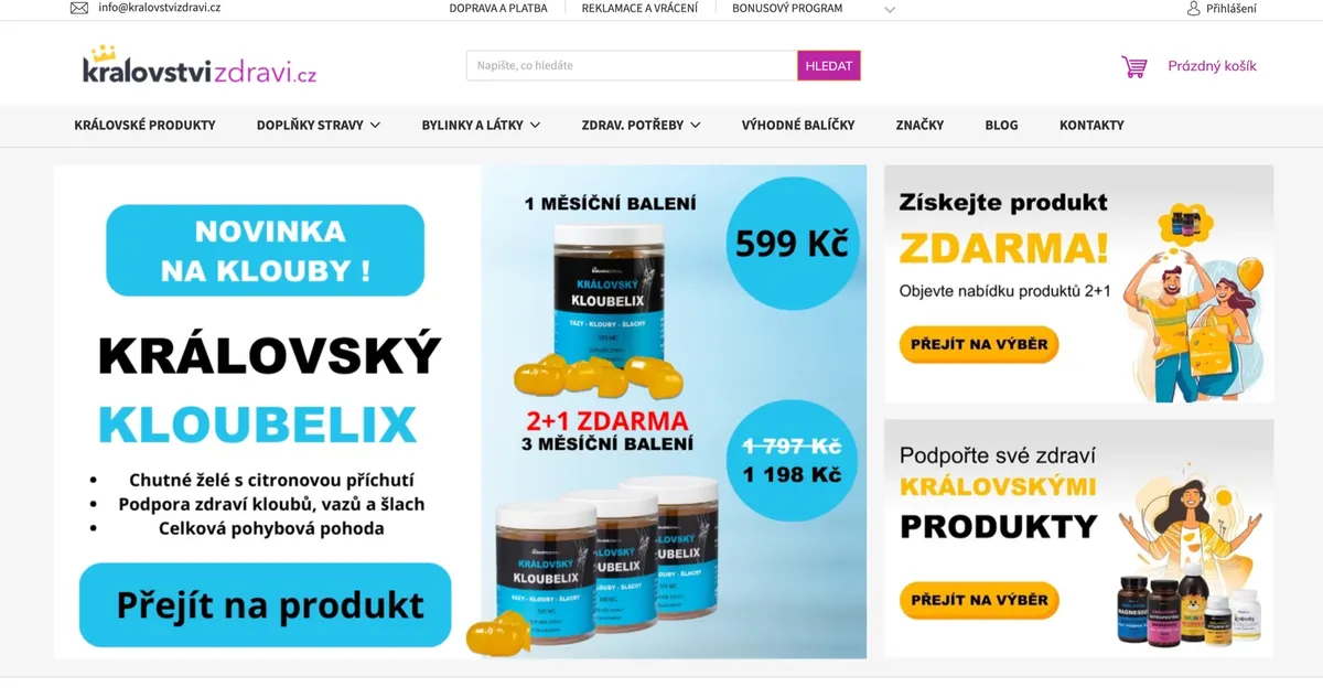 Doplňky stravy z e-shopu Království zdraví připravené k testování na stole