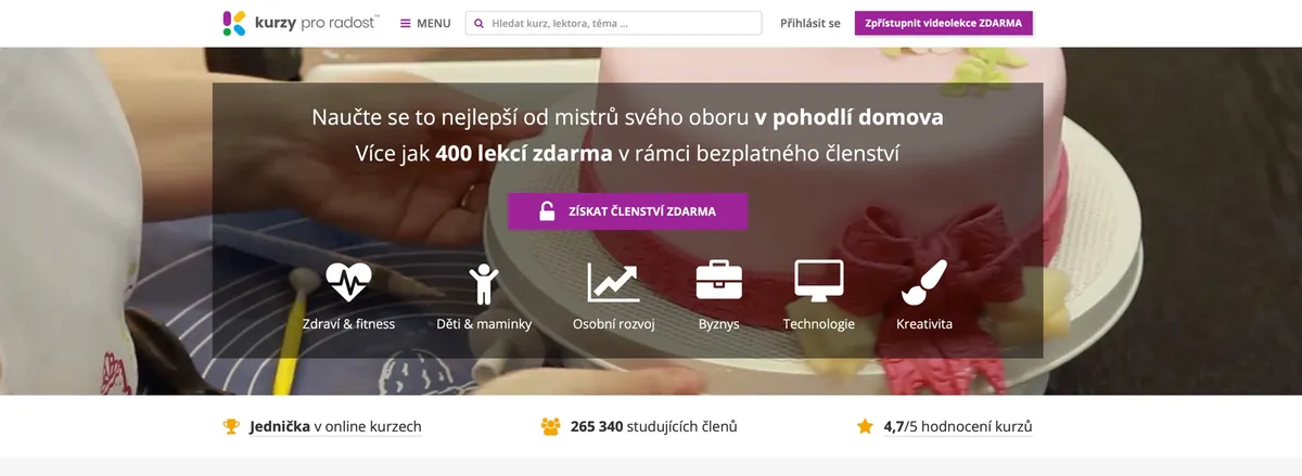 Úvodní stránka portálu Kurzy pro radost s kategoriemi kurzů