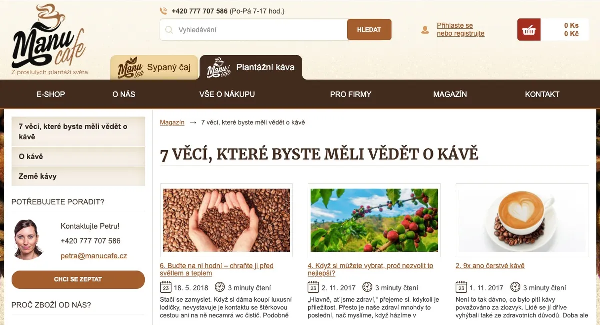 Úvodní strana e-shopu ManuCafe s nabídkou výběrové kávy