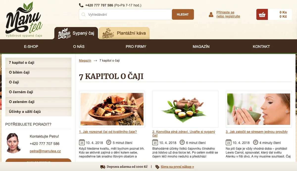 Úvodní strana e-shopu ManuTea s nabídkou sypaných čajů