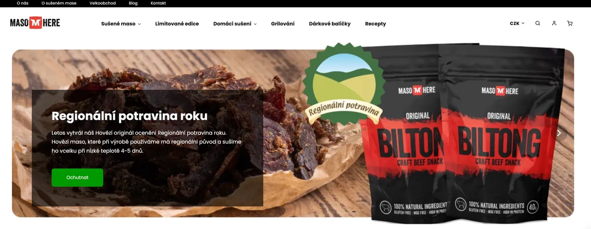 Krabice se sušeným masem Maso Here po doručení, balení jerky a biltongu