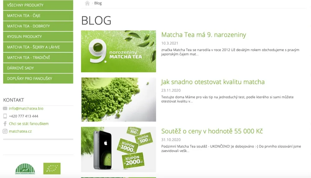 Úvodní strana e-shopu Matcha Tea s nabídkou produktů z japonského čaje