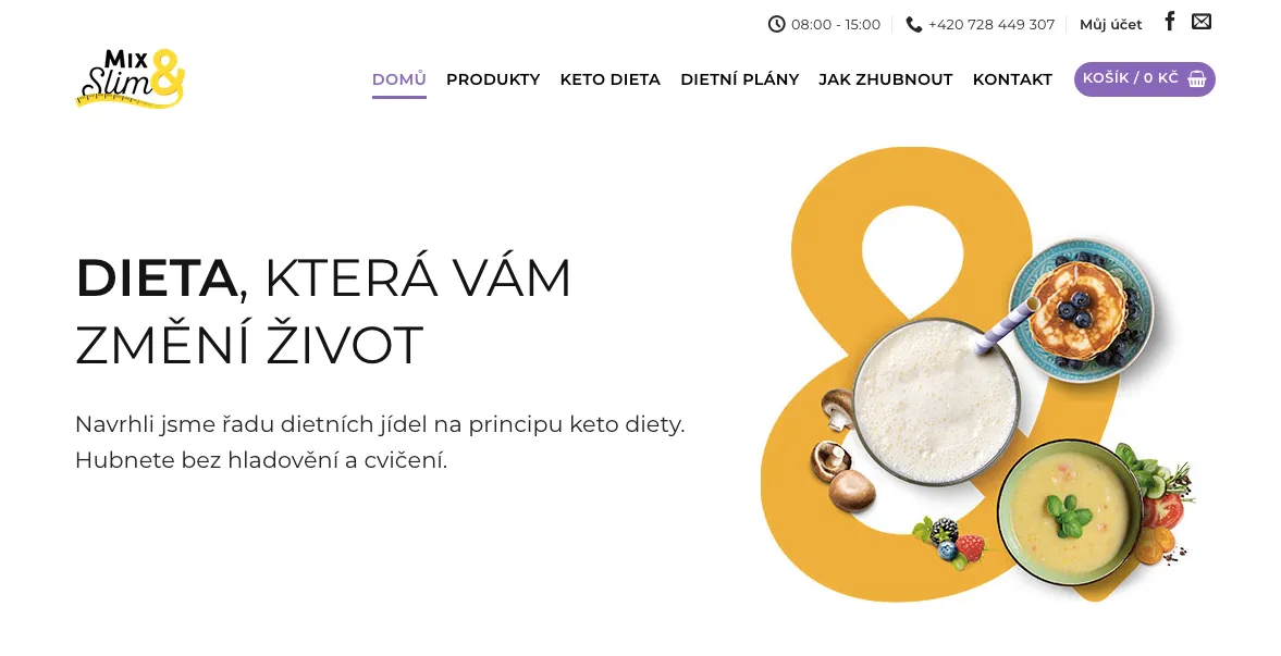 Rozbalená krabice s produkty Mix & Slim, shakerem a odměrkami na stole