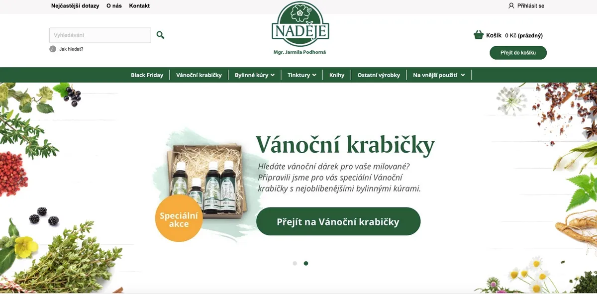Úvodní stránka e-shopu Naděje Byliny s bylinnými kúrami a tinkturami