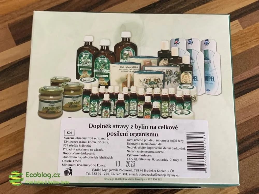 Zadní strana krabičky kúry Naděje Byliny K09 se složením a dávkováním