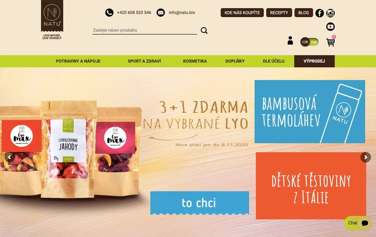 Hlavní strana e-shopu NATU se sortimentem zdravé výživy