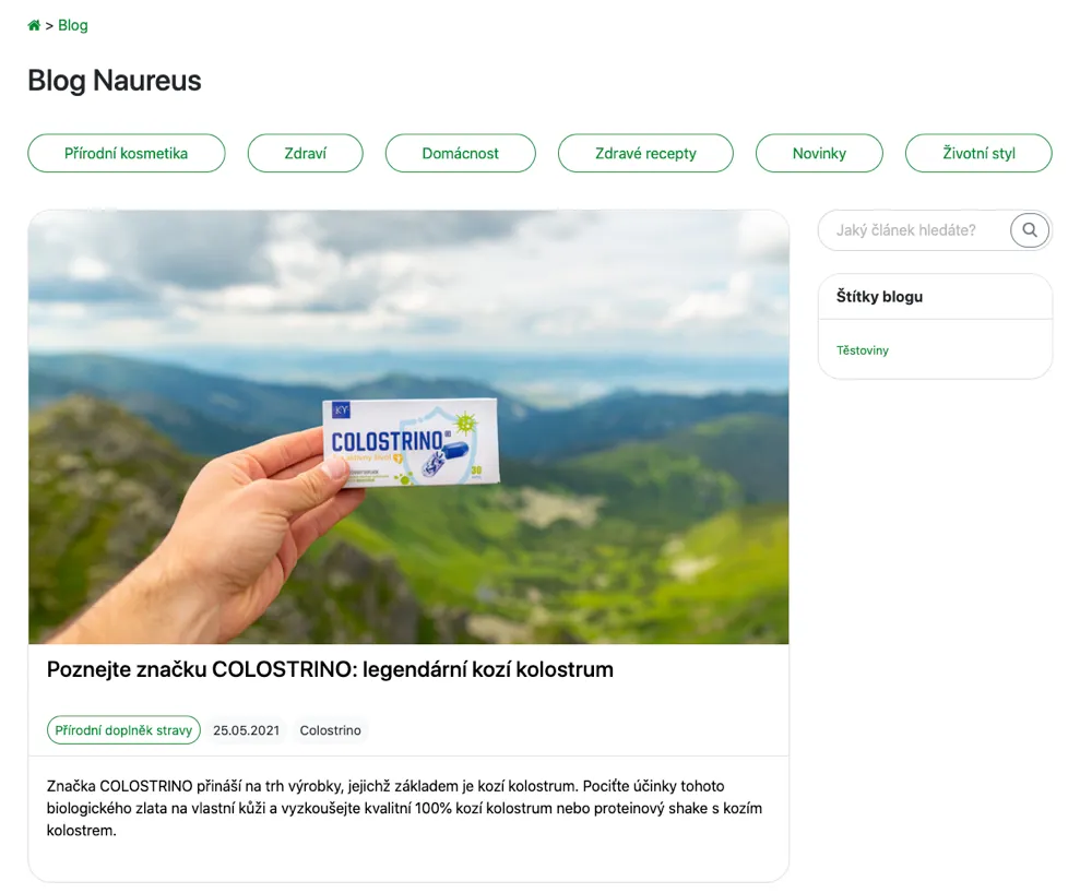 Hlavní strana e-shopu Naureus s nabídkou přírodní kosmetiky a doplňků